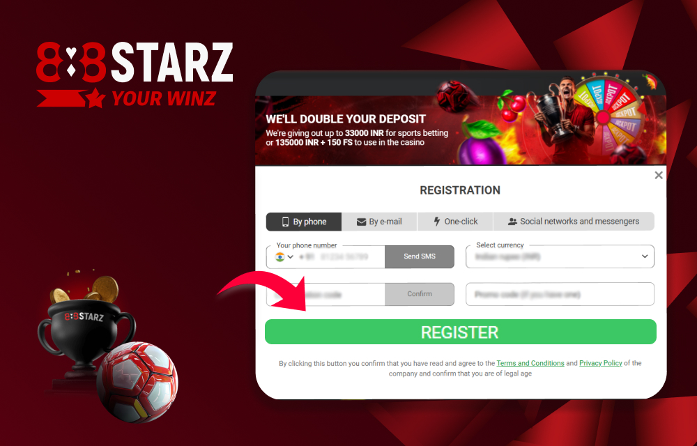 Submitting the registration form on 888starz